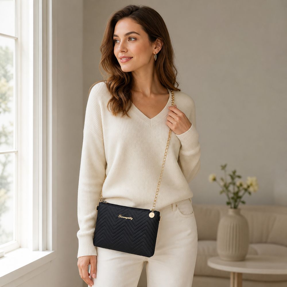Chain Crossbody Quilted - กระเป๋าสะพายข้างผู้หญิงหนัง PU แบบควิลท์ พร้อมซิปปิด สายสะพายโซ่ กระเป๋าถือขนาดกะทัดรัด