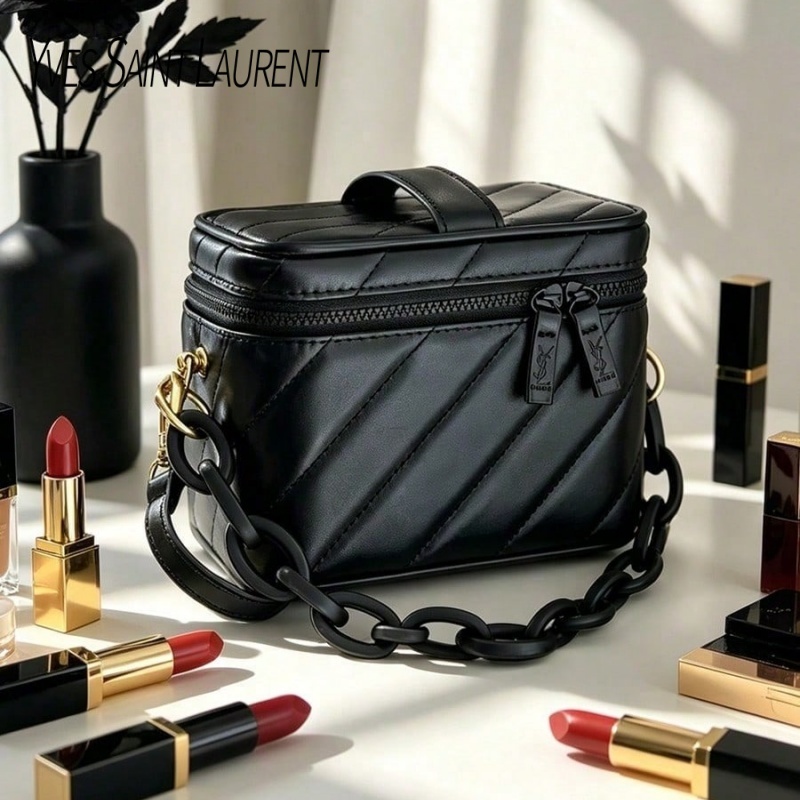 Luxury Designer Bags Ysl - กระเป๋าของอีฟ แซงต์ โลรองต์ กระเป๋าเครื่องสำอาง YSL ขนาดเล็กแบบควิลท์สีดำ