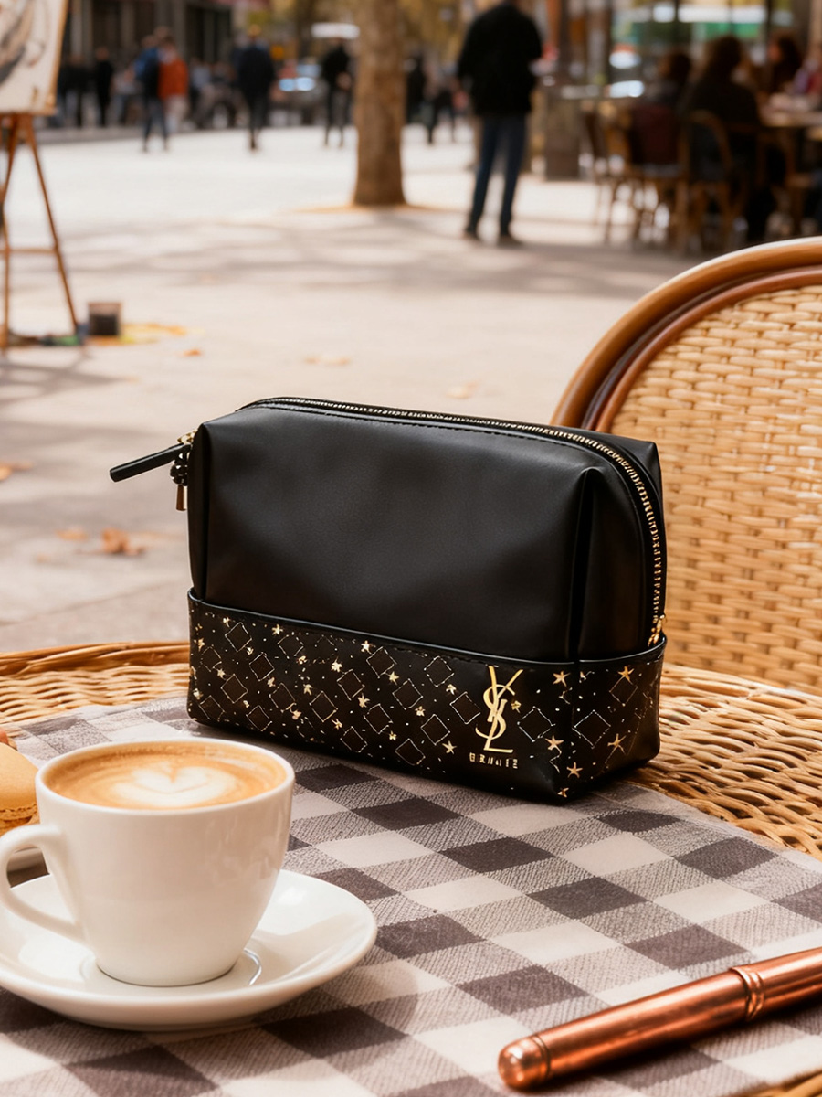 Luxury Designer Bags Ysl - กระเป๋าเครื่องสำอาง YSL สีดำ ลายตัดต่อ ลายดาวเพชร หนังเทียม