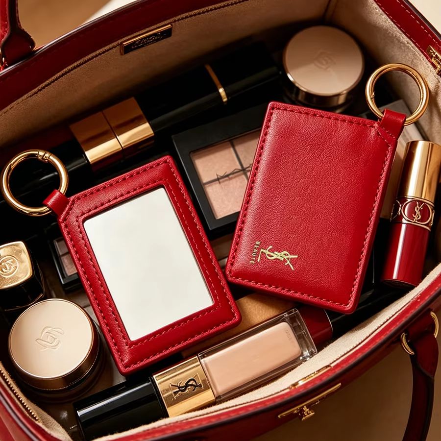 Luxury Designer Bags Ysl - กระจกแต่งหน้าแบบพกพา YSL สีแดง หนังแท้ ทรงสี่เหลี่ยม พร้อมพวงกุญแจโลหะ