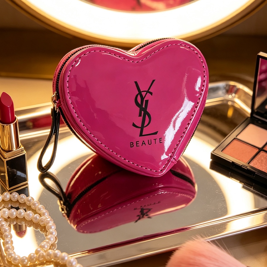 Luxury Designer Bags Ysl - กระเป๋าเครื่องสำอาง YSL สีชมพูอ่อนรูปหัวใจพร้อมกระจก น่ารัก พกพาสะดวก เหมาะสำหรับจัดเก็บเครื่องสำอาง